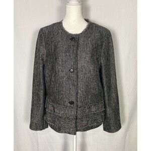 🎄FLASH XMAS SALE!🎁 Talbots Tweed Gray Metallic Blazer Jacket Button Ruffle 14